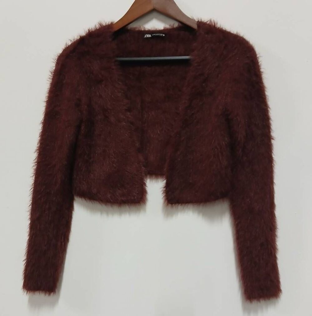 Zara womens small cropped cardigan purple penny lane fuzzy sweater soft nylon